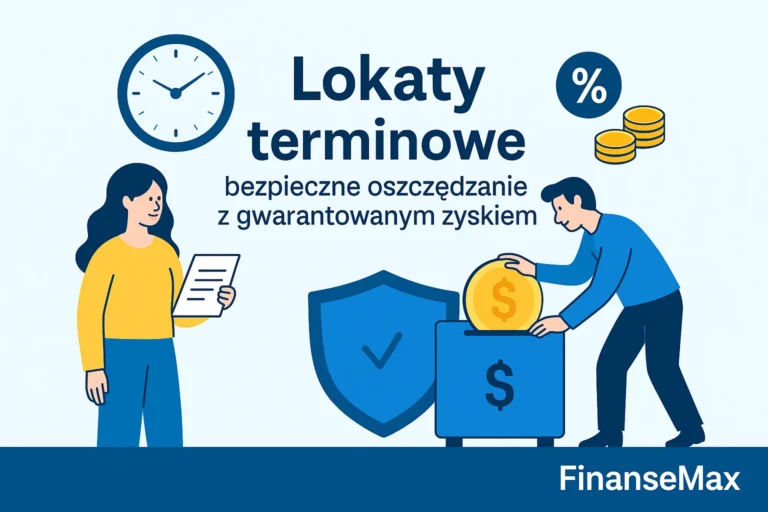 Ilustracja promująca lokaty terminowe – kobieta z dokumentem, mężczyzna wkłada monetę do sejfu, obok