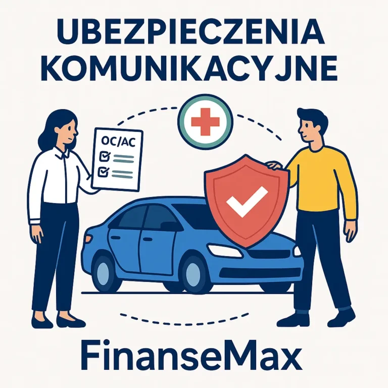 Ilustracja promująca ubezpieczenia komunikacyjne – kobieta trzyma dokument OC/AC, obok niebieski samochód i mężczyzna z czerwoną tarczą z symbolem ochrony