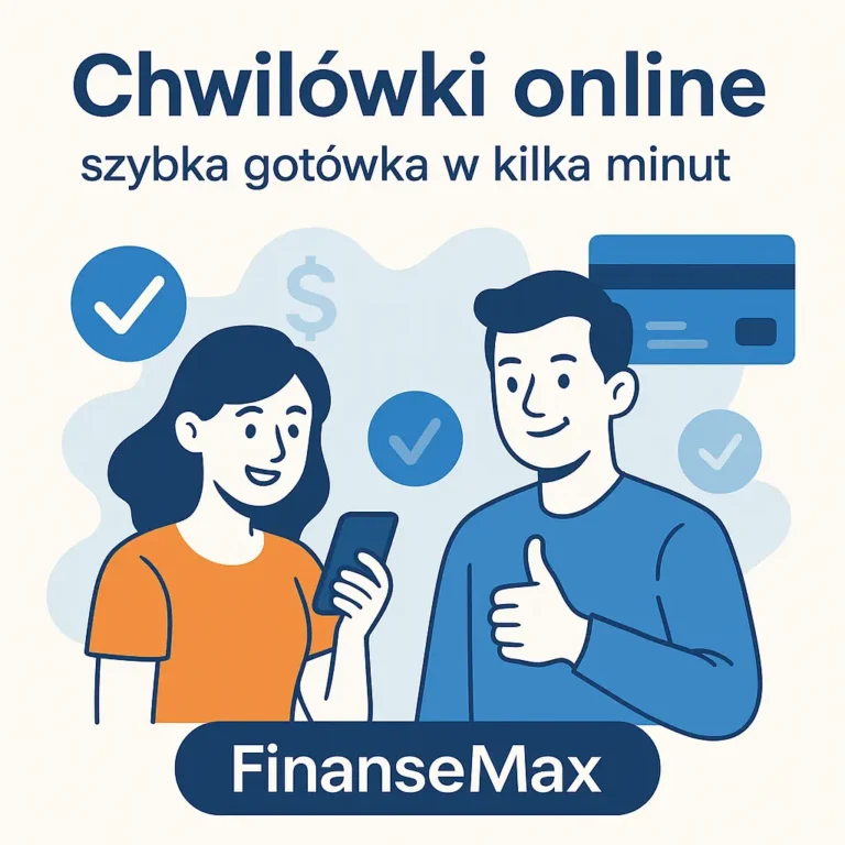 Ilustracja promująca chwilówki online – kobieta z telefonem i mężczyzna pokazujący kciuk, obok ikony dolara, karty i zatwierdzenia