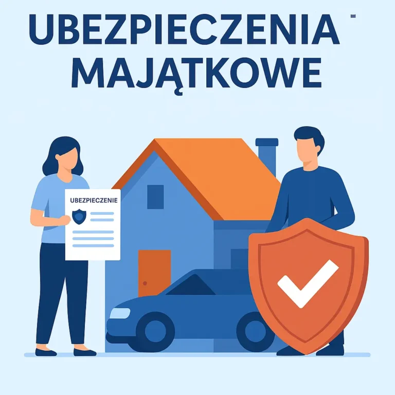 Ilustracja promująca ubezpieczenia majątkowe majątkowe – kobieta trzyma dokument ubezpieczenia, mężczyzna pokazuje dom chroniony tarczą, wokół ikony mieszkania, ognia i ochrony
