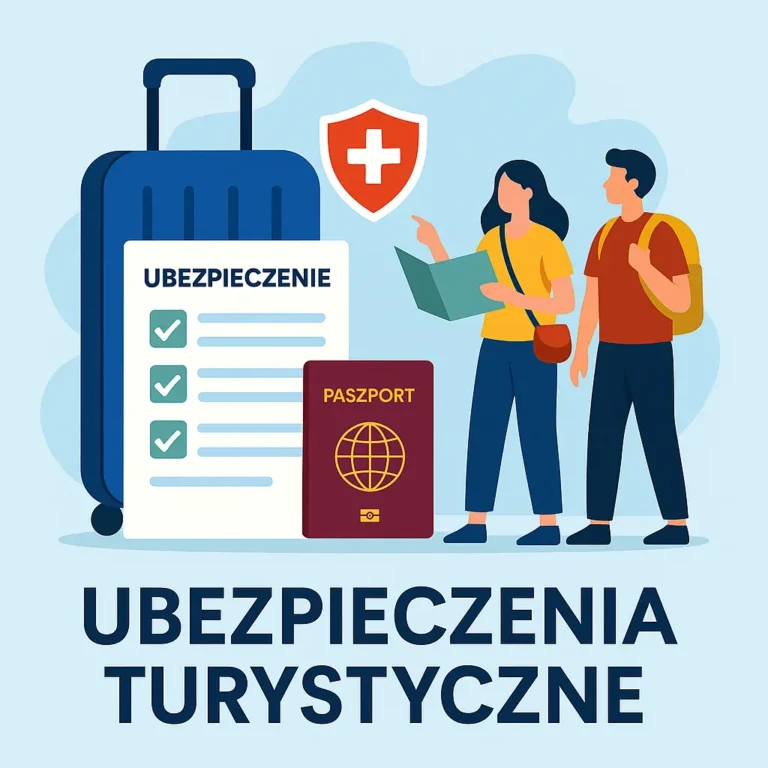 Ilustracja promująca ubezpieczenia turystyczne – walizka, dokument ubezpieczenia, paszport, tarcza ochronna i para turystó