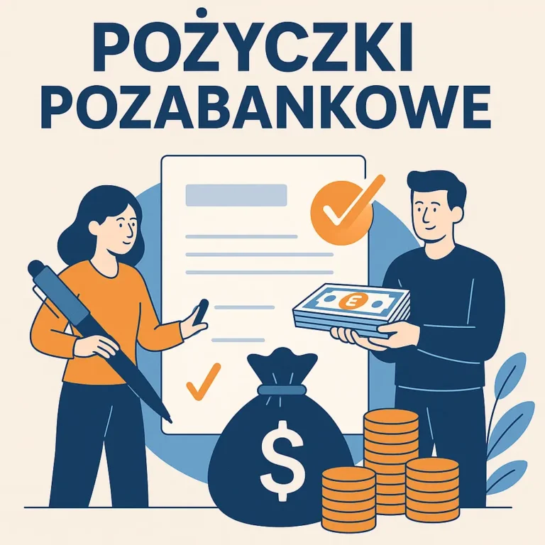 Ilustracja przedstawiająca pożyczki pozabankowe – kobieta podpisująca umowę, mężczyzna wręczający gotówkę, stosy monet i symbol dolara