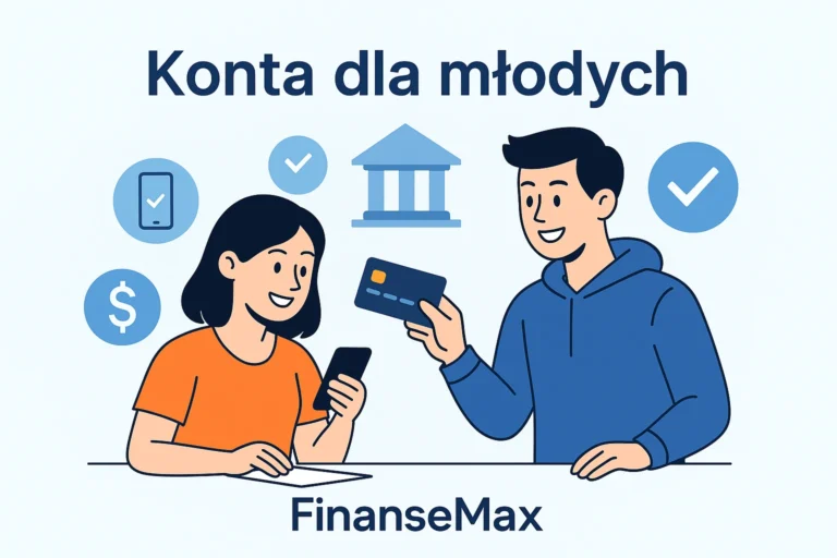 Ilustracja promująca konta dla młodych – dziewczyna z telefonem i chłopak z kartą, ikony bankowe i symbol dolara