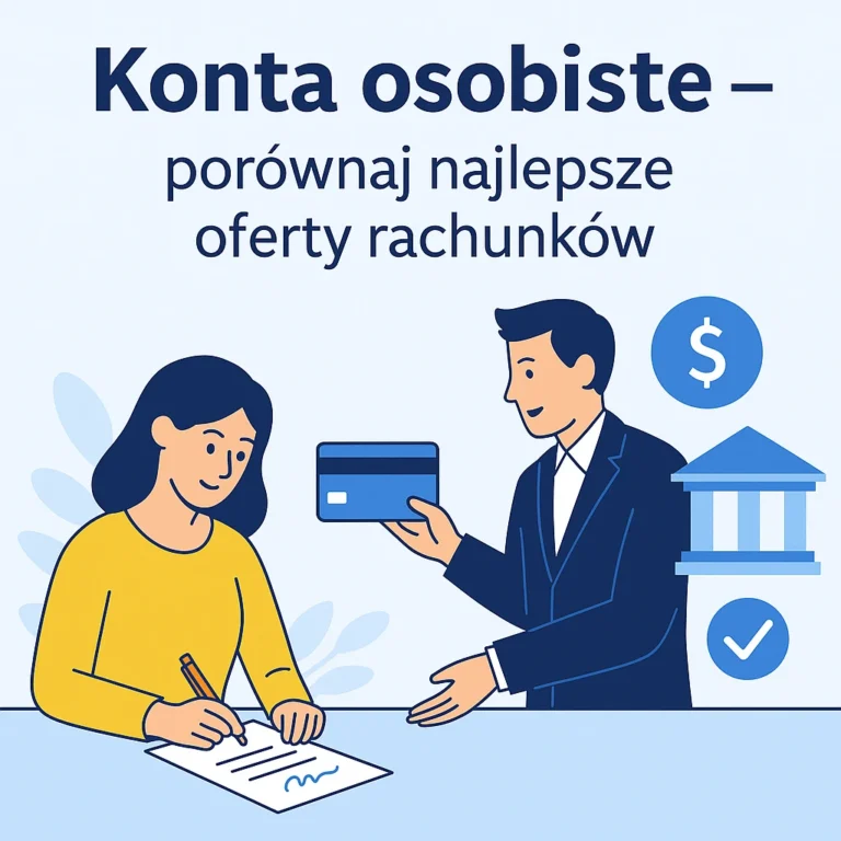 Ilustracja promująca konta osobiste – kobieta podpisuje dokument, mężczyzna wręcza kartę płatniczą, w tle ikony dolara, banku i zatwierdzenia